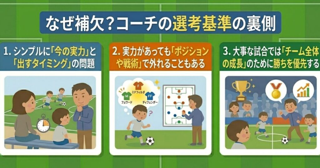 少年サッカーで子供が補欠（サブ）になる理由を、コーチの選考基準の裏側として解説したインフォグラフィックイラスト。