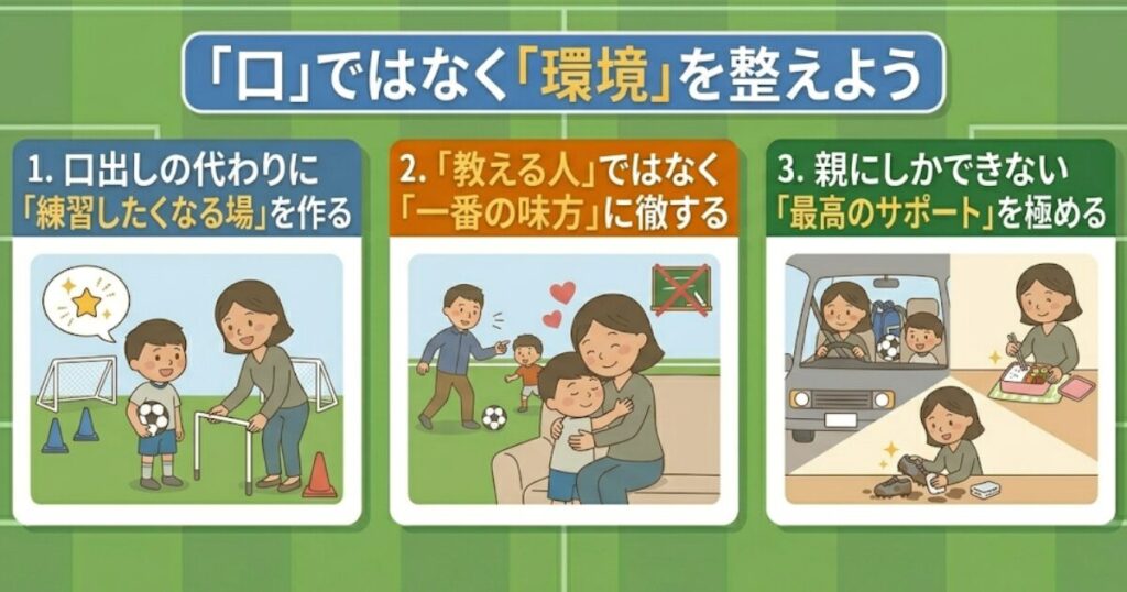 少年サッカーの保護者が「口出し」をやめ、環境作りに徹するコツを解説した図解。1.練習の場作り、2.一番の味方になる、3.送迎や食事などのサポートの重要性を親子の日常イラストで説明。