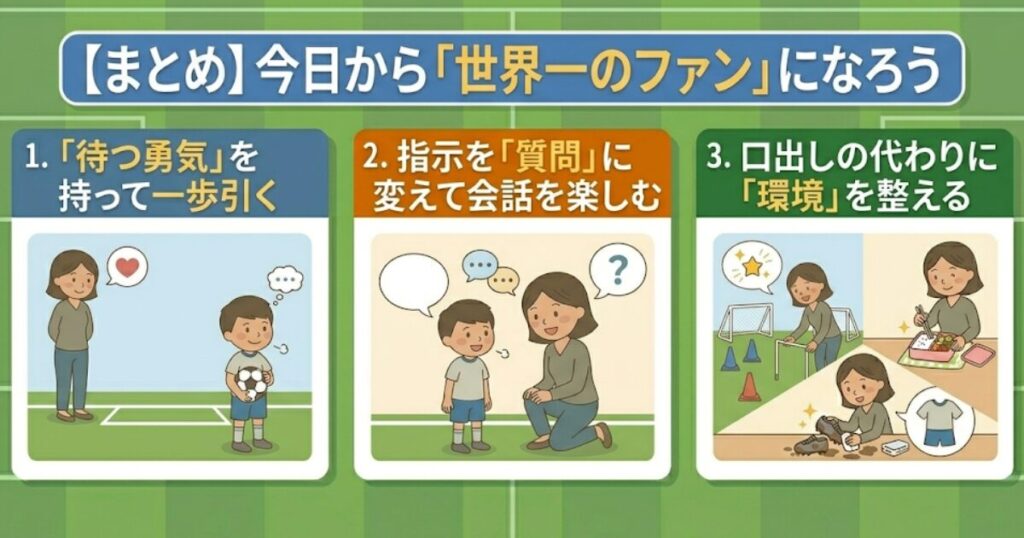 少年サッカーの保護者向け「口出し対策」のまとめ図解。タイトルは「今日から『世界一のファン』になろう」。1.待つ勇気、2.質問への変換、3.環境づくりの3つの要点を、親子の温かいイラストと共に解説。