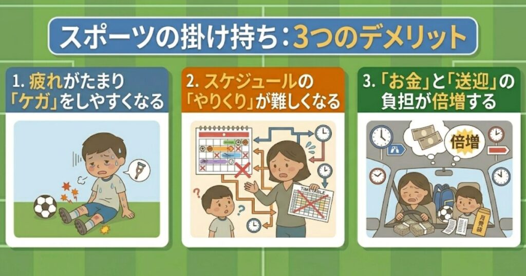 子供のスポーツ掛け持ちデメリット解説図解。怪我リスク、スケジュール調整、金銭負担の増加を親子イラストで紹介。