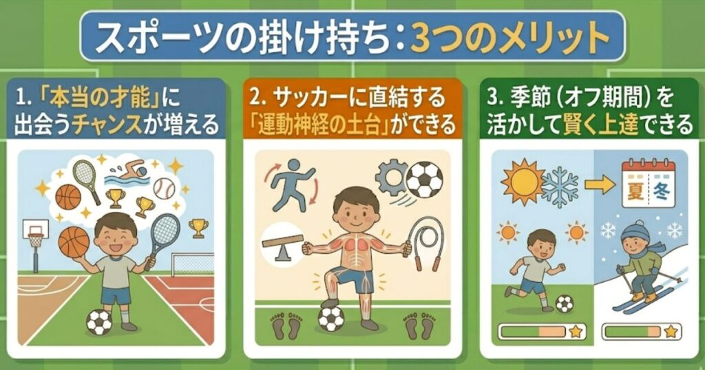 子供のスポーツ掛け持ちメリット解説図解。才能の発見、運動能力の向上、季節別の競技選択をイラストで紹介。