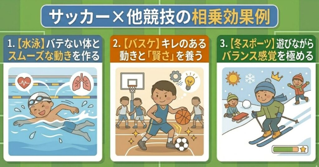 サッカーにおける他競技との相乗効果例。1. 【水泳】バテない体とスムーズな動きを作る。2. 【バスケ】キレのある動きと「賢さ」を養う。3. 【冬スポーツ】遊びながらバランス感覚を極める。インフォグラフィック。