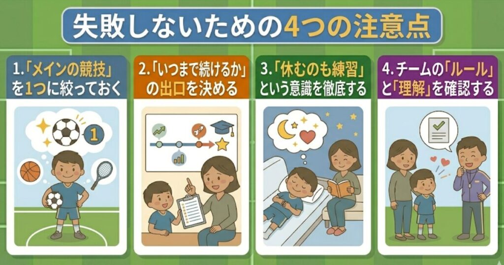 子供のスポーツ掛け持ち失敗を防ぐ4つの注意点。1:メインを絞る、2:時期を決める、3:休息、4:チーム理解。イラスト図解。