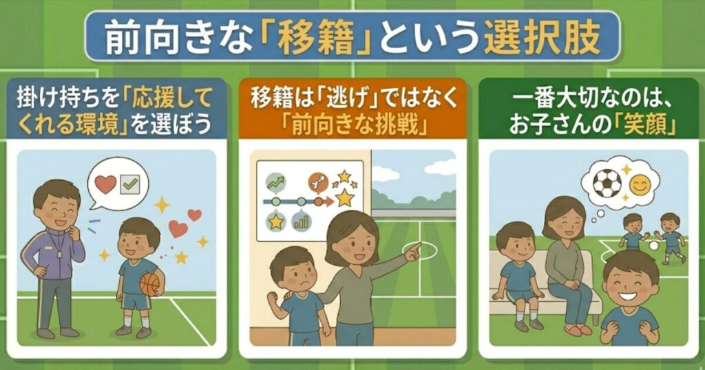 前向きな「移籍」の選び方。1. 応援してくれる環境選び、2. 逃げではなく挑戦、3. 子供の笑顔を最優先、の3つのポイントを解説したイラスト図解。
