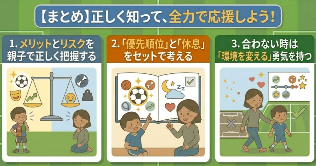 子供のスポーツ掛け持ちを成功させる「3つのまとめ」図解。1:天秤でメリットとリスクを把握、2:本で優先順位と休息をセットで考える、3:環境を変える勇気（移籍）。親子イラスト