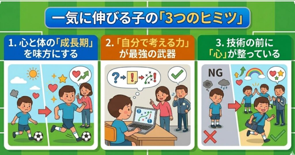 少年サッカーで一気に伸びる子の3つの共通点(心身の成長、考える力、心の整い)をイラストで解説。成長、自立、仲間と笑顔でプレーする姿を描いた図解。