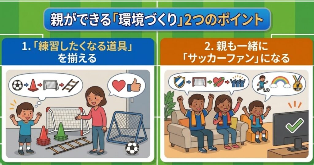 親ができる少年サッカーの「環境づくり」2つのポイント(練習道具を揃える、一緒にファンになる)を解説する簡潔なインフォグラフィック。