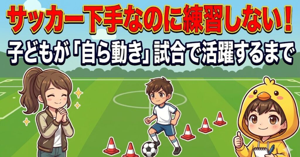 練習しない子が自ら動く秘訣のアイキャッチ｜自主練を見守る親子のイラスト