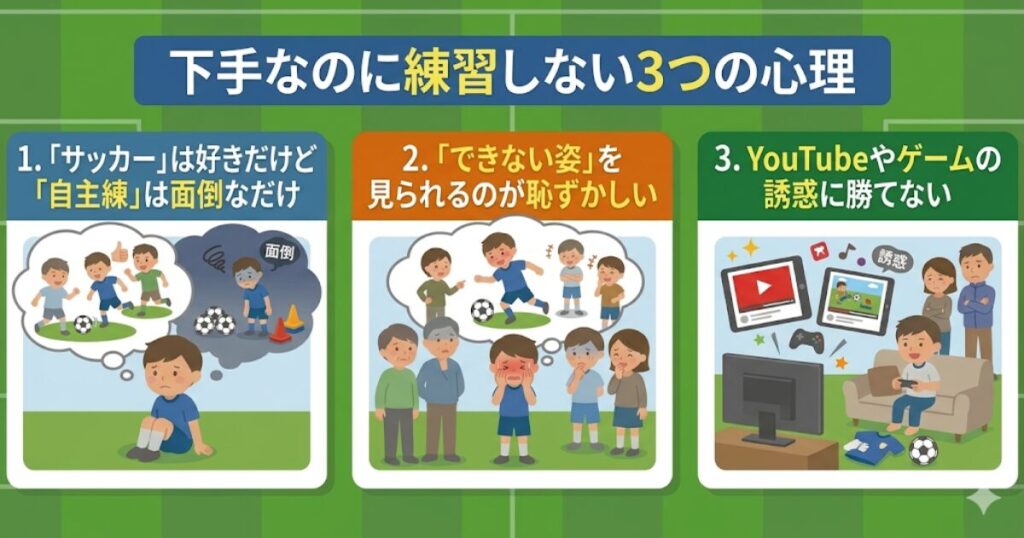 子どもが練習しない3つの心理（面倒・恥ずかしい・誘惑）をまとめたインフォグラフィック。