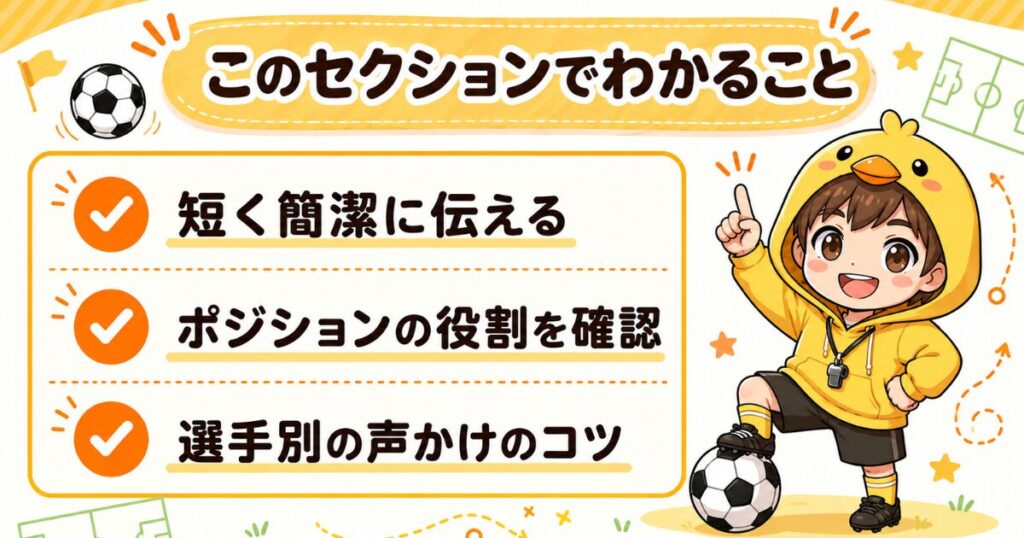 サッカーミーティングでのポジションと役割の伝え方を、短く簡潔に伝える・ポジションの役割を確認・選手別の声かけのコツの3つで解説する図解