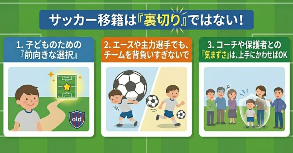 サッカー移籍を「裏切り」ではなく前向きに捉えるための3つのポイント（子どもの成長優先、エースの責任感、人間関係のかわし方）を解説した図解イラスト。