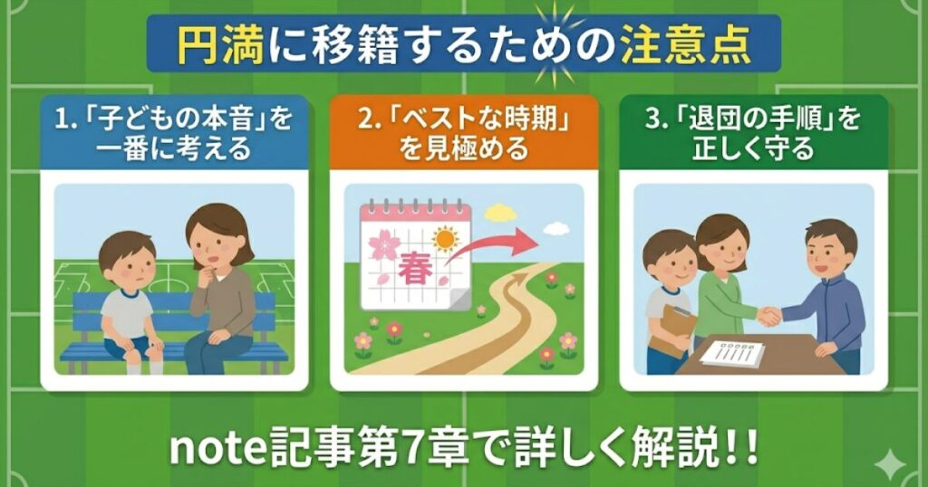 サッカーチームを円満に移籍するための3つの注意点（子どもの本音、時期の見極め、退団手順）を解説した図解イラスト。詳細はnote記事第7章で解説。