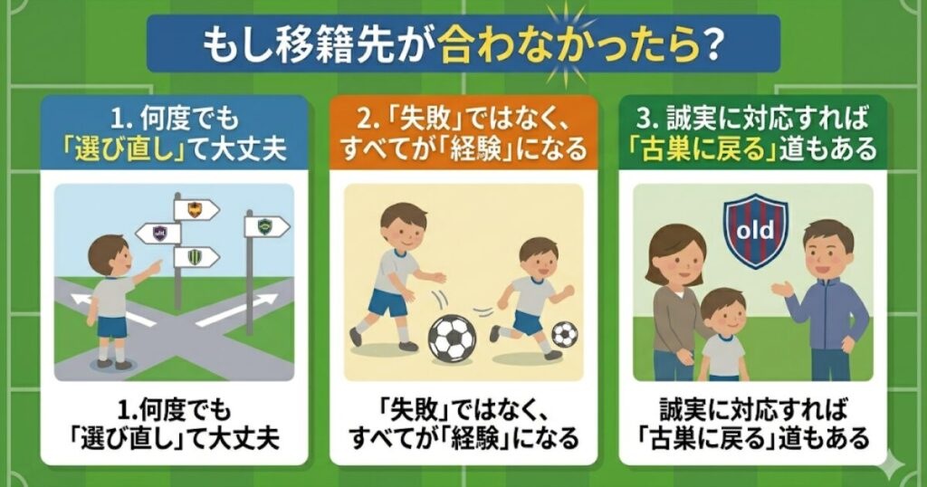 サッカー移籍先が合わなかった時の心構えを解説する図解イラスト。何度でも選び直せること、失敗は経験になること、誠実に対応すれば古巣に戻れる可能性があること、の3つのポイントを紹介。