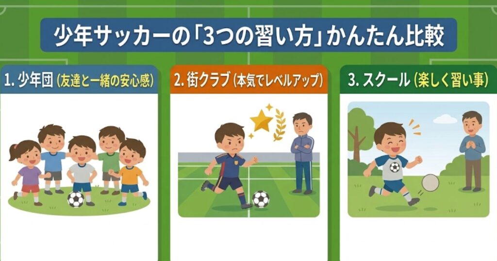 少年サッカーの3つの習い方比較。少年団、街クラブ、スクールの特徴をまとめた解説図解。