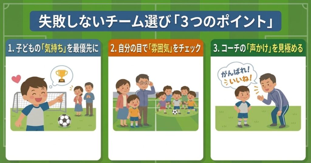 少年サッカーの失敗しないチーム選び3つのポイント。子どもの気持ち最優先、雰囲気のチェック、コーチの声かけの見極めを解説した図解。