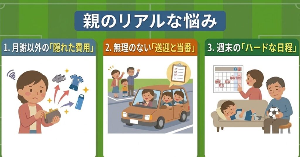 少年サッカーの親の悩みまとめ。月謝以外の隠れた費用、無理のない送迎と当番、週末のハードな日程の3つのポイントを解説した図解。