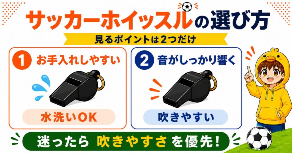 サッカー審判用ホイッスルの選び方を2つのポイントでまとめたアイキャッチ画像。お手入れしやすさと音の響きやすさを、初心者にもわかりやすく紹介。