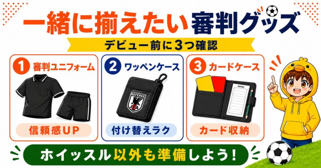 サッカー審判デビュー前に一緒に揃えたい審判グッズをまとめたアイキャッチ画像。審判ユニフォーム、ワッペンケース、カードケースの3つをわかりやすく紹介。