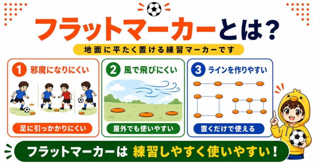 フラットマーカーとは何かを解説した図解。平たくてプレーへの影響が少ない、風で飛びにくい、ラインやグリッドを作りやすいという3つの特徴を、少年サッカー向けのイラスト付きでわかりやすくまとめた画像。