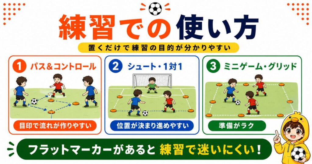 フラットマーカーの練習での使い方をまとめた図解。パス＆コントロール練習、シュート・1対1練習、ミニゲームやグリッド作成での活用例をイラスト付きで紹介している
