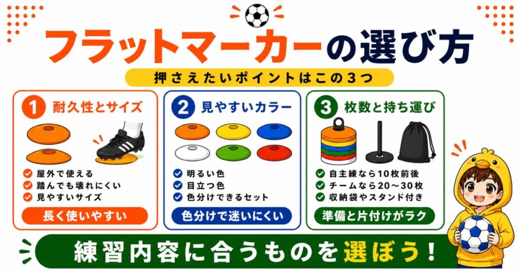 フラットマーカーの選び方をまとめた図解。耐久性とサイズ、見やすいカラー、枚数と持ち運びやすさの3つを確認し、練習内容に合うものを選ぶポイントを紹介。