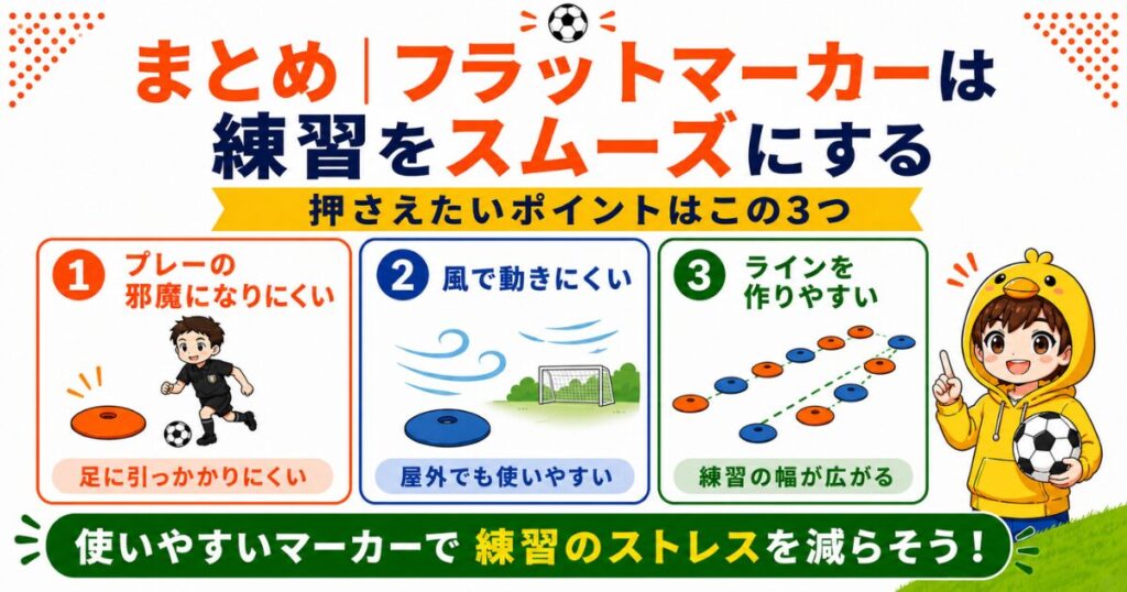 フラットマーカーのまとめ図解。プレーの邪魔になりにくい、風で動きにくい、ラインを作りやすいという特徴を紹介し、使いやすいマーカーで練習のストレスを減らせることを伝えている。
