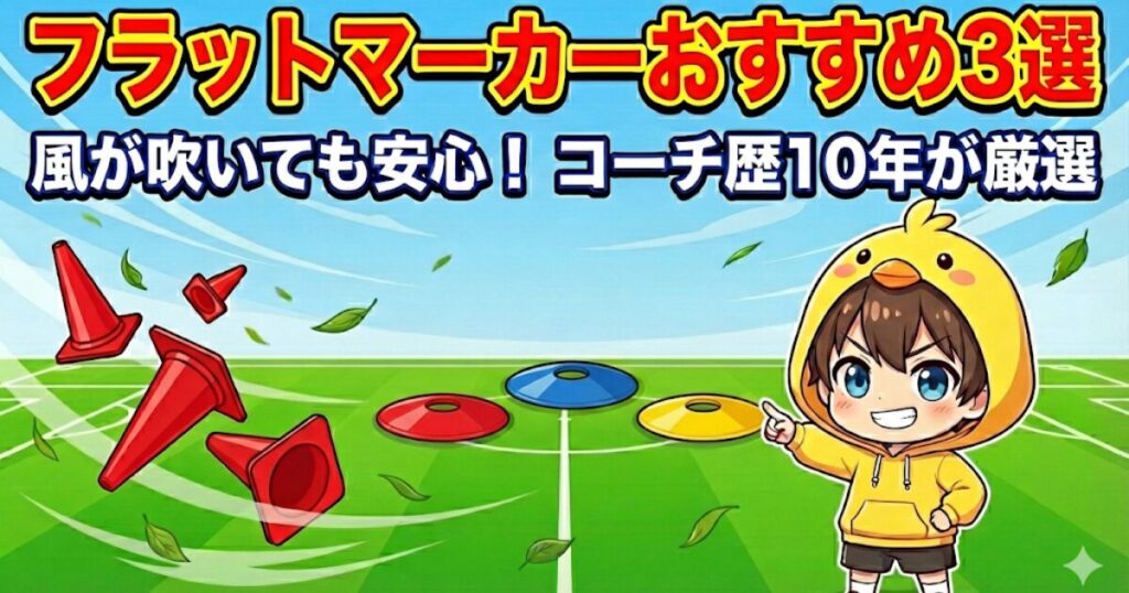 ブログ記事「フラットマーカーおすすめ3選｜風が吹いても安心！コーチ歴10年が厳選」のアイキャッチ画像。風が強く吹くサッカーフィールドで、従来のコーンが飛ばされている中、赤・青・黄色のフラットマーカーが地面にしっかりと固定されているイラスト。右側には、ヒヨコパーカーを着た男の子（ピヨリ）が指をさして案内している。