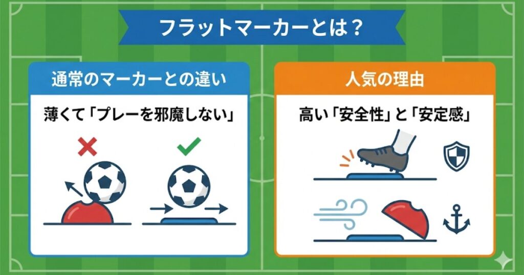 フラットマーカーの特徴（薄さ、安全性、安定感）とドーム型との違いをまとめた解説図。