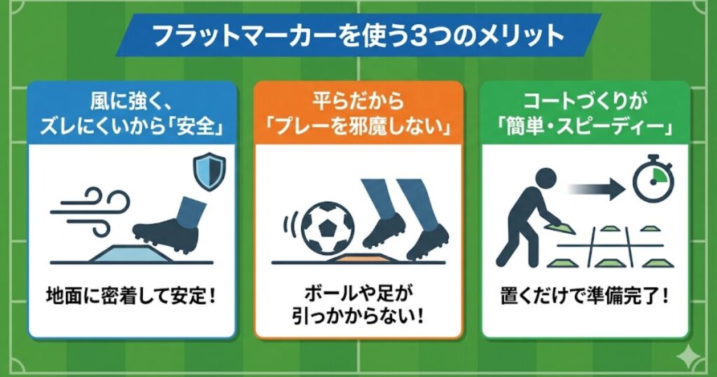 フラットマーカーの3つのメリット（安全・邪魔しない・準備が早い）をまとめたインフォグラフィック。