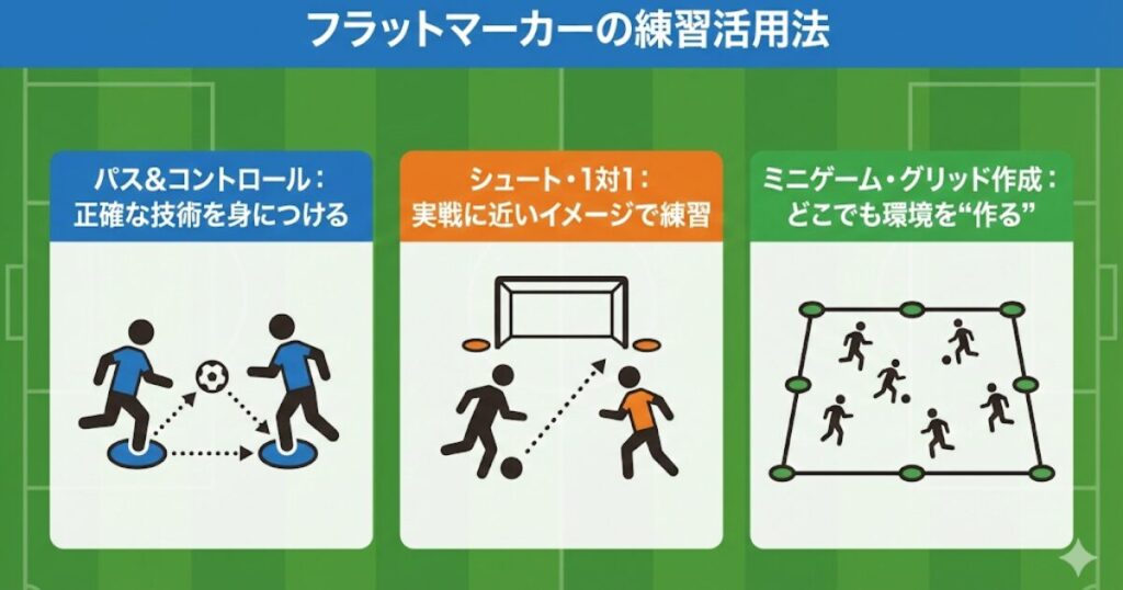 サッカー練習におけるフラットマーカーの活用法（パス、対人、グリッド作成）のイラスト図解。