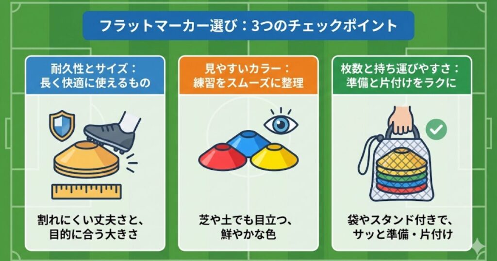 フラットマーカーを選ぶ際の3つの重要ポイント（耐久性・色・携帯性）をまとめた解説イラスト。