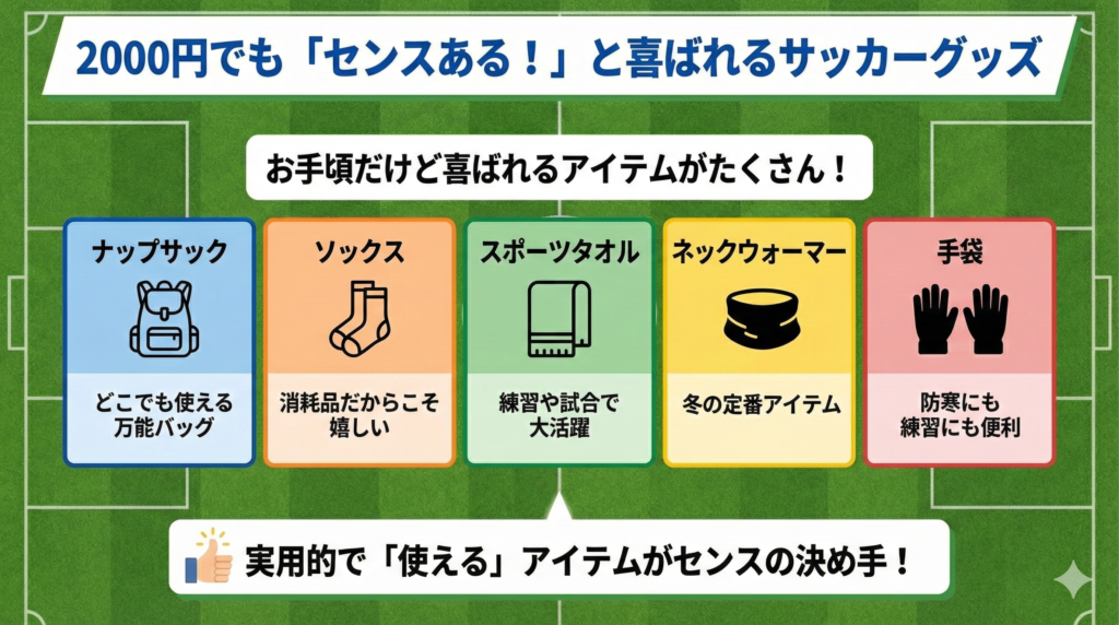 小学生サッカー少年が喜ぶ実用的でおすすめのプレゼント5選(ナップサック、ソックス、スポーツタオル、ネックウォーマー、手袋)の図解