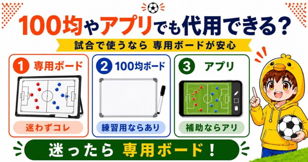 サッカー作戦ボードの代用品を比較したアイキャッチ画像。専用ボード、100均ボード、アプリの違いを、試合で使うなら専用ボードが安心とひと目でわかる形で紹介。