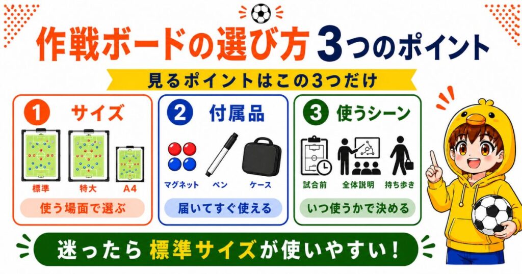 サッカー作戦ボードの選び方を3つのポイントでまとめたアイキャッチ画像。サイズ、付属品、使うシーンの3つを、初心者にもわかりやすく紹介。