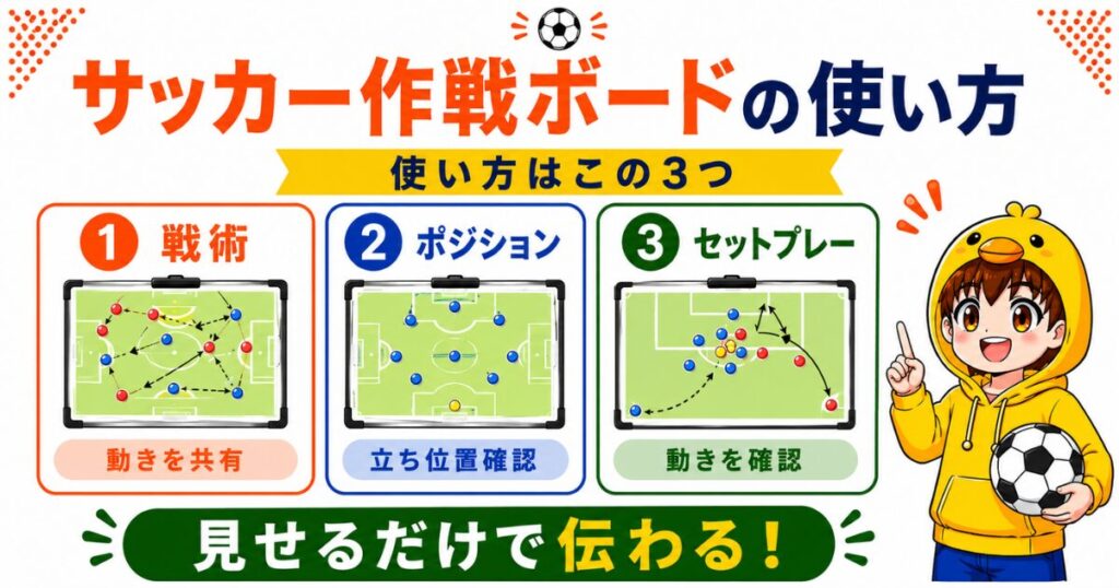 サッカー作戦ボードの使い方をまとめたアイキャッチ画像。戦術、ポジション、セットプレーの3つをボードで見せるだけで伝わりやすくなることを紹介。