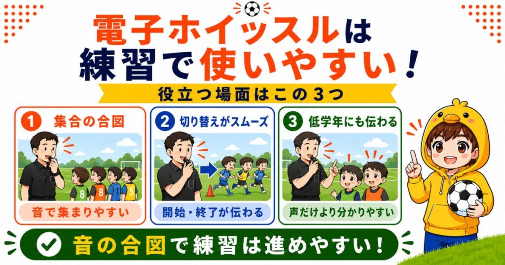 電子ホイッスルがサッカー練習で使いやすい場面をまとめた図解。集合の合図、練習メニューの切り替え、低学年への声かけなど、音の合図で練習を進めやすくなることを紹介している。