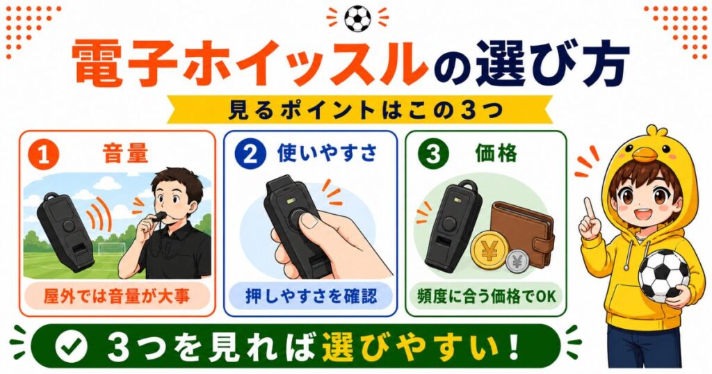 電子ホイッスルの選び方をまとめた図解。音量、使いやすさ、価格の3つを確認すれば選びやすいことを、少年サッカー向けにわかりやすく紹介している。