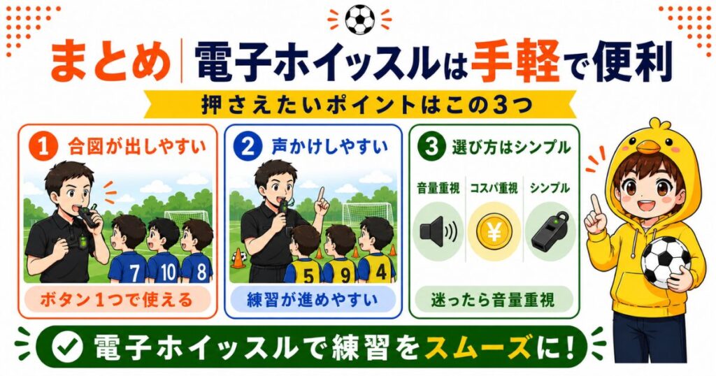 サッカー練習で使う電子ホイッスルの特徴と選び方をまとめた図解。手軽に合図を出せることや、音量・使いやすさ・価格で選ぶポイントをわかりやすく紹介している。