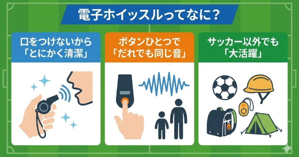 電子ホイッスルの3つの特徴（清潔・簡単・多用途）についてのイラスト解説図。