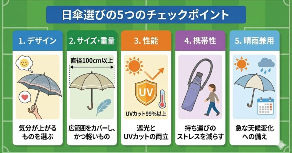 サッカー応援に最適な日傘選びの5つのチェックポイントを解説したインフォグラフィック。1.デザイン、2.サイズ・重量、3.遮光・UVカット性能、4.携帯性、5.晴雨兼用の5項目を、サッカーグラウンドを背景にした分かりやすいイラストで紹介。