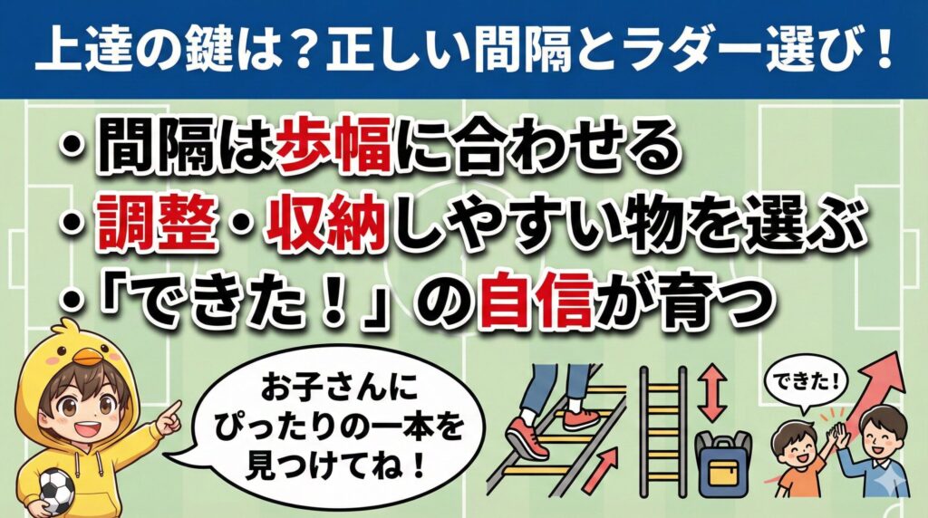 ラダートレーニングのまとめ。正しい間隔と使いやすいラダー選びで上達スピードが変わる。歩幅に合わせた調整や、継続しやすい収納性などの重要ポイントを解説。