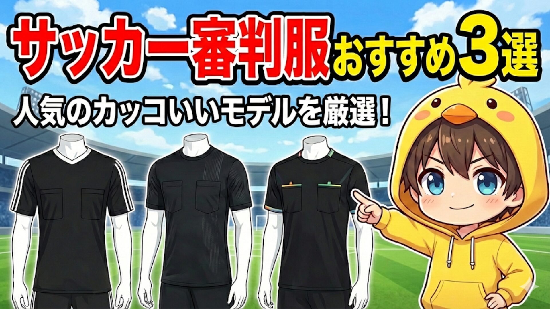 ブログ記事「サッカー審判服おすすめ3選｜人気のカッコいいモデルを厳選！」アイキャッチ。スタジアムを背景に、3種類のスタイリッシュなサッカー審判服（レフェリーウェア）のイラストと、案内するヒヨコパーカーの男の子。