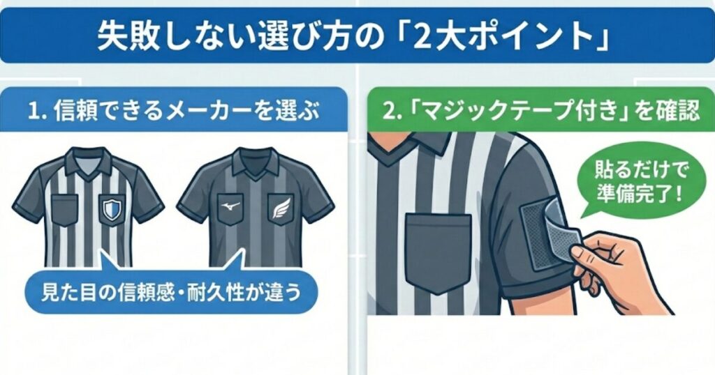 サッカー審判服の失敗しない選び方をまとめた図解。「1. 信頼できるメーカーを選ぶ（見た目の信頼感・耐久性が違う）」と「2. マジックテープ付きを確認（貼るだけで準備完了）」の2大ポイントをイラストで解説。