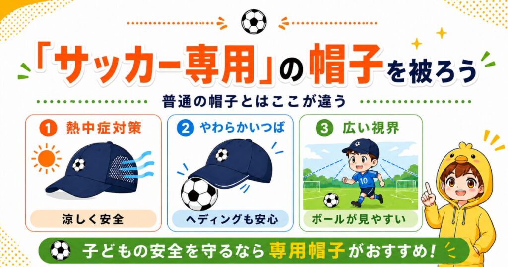 サッカー専用帽子を被るメリットをまとめたアイキャッチ画像。熱中症対策、柔らかいつば、広い視界の3つのポイントで、子どもの安全を守る帽子選びを紹介。