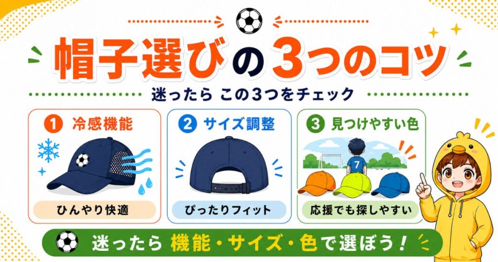 サッカー帽子選びの3つのコツをまとめたアイキャッチ画像。冷感機能、サイズ調整、見つけやすい色のポイントを紹介。