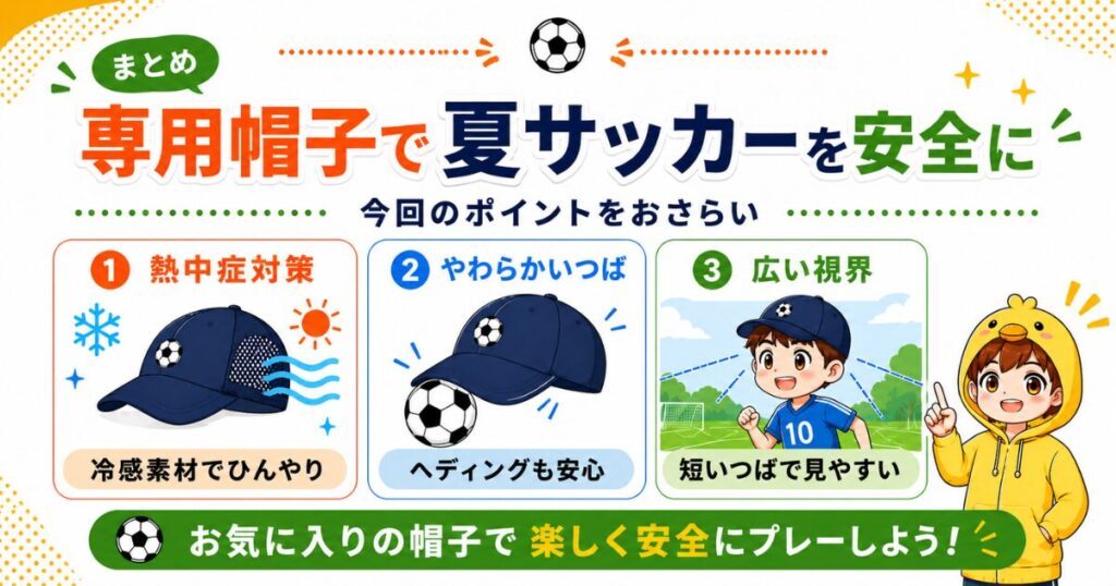 サッカー専用帽子で夏のサッカーを安全に楽しむポイントをまとめたアイキャッチ画像。熱中症対策、やわらかいつば、広い視界の3つを紹介。