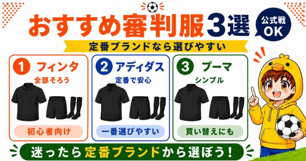 公式戦で使えるおすすめ審判服3選を比較したアイキャッチ画像。フィンタ、アディダス、プーマの特徴を、ロゴなしのシンプルな審判服イラストでわかりやすく紹介。