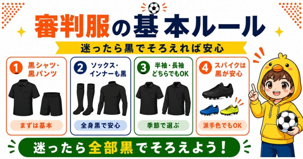 審判服の基本ルールをまとめたアイキャッチ画像。黒シャツ、黒パンツ、黒ソックス、黒インナーを基本に、半袖や長袖、スパイクの色選びまでわかりやすく紹介。