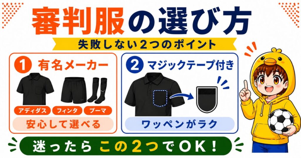 審判服の選び方を2つのポイントでまとめたアイキャッチ画像。有名メーカーを選ぶことと、ワッペンを付けやすいマジックテープ付き審判服を選ぶ大切さを紹介。
