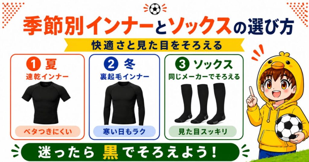 審判服に合わせる季節別インナーとソックスの選び方をまとめたアイキャッチ画像。夏は速乾インナー、冬は裏起毛インナー、ソックスは同じメーカーでそろえるポイントをわかりやすく紹介。